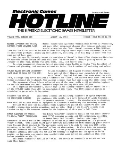 More information about "Electronic Games Hotline Volume 2 No. 1 (August 14, 1983)"