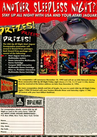 USA Up All Night Atari Jaguar sweepstakes (November, 1995)