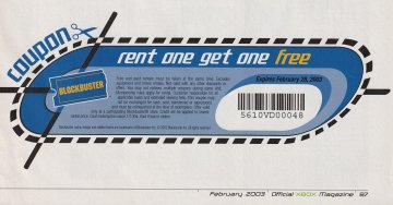 Blockbuster Rent One, Get One Free coupon (February, 2003)