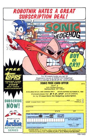 Sonic the Hedgehog Archie Comics subscription (September 1993)