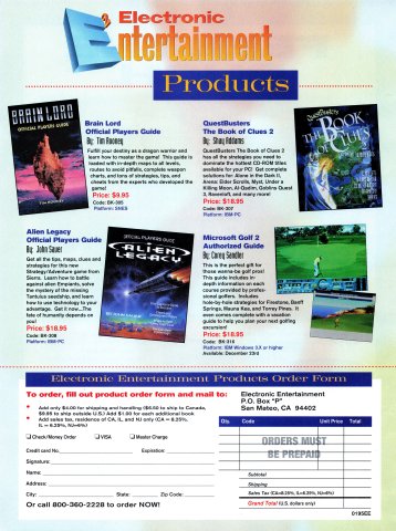 Electronic Entertainment guides: Brain Lord Official Player's Guide, Alien Legacy Official Player's Guide, QuestBusters The Book of Clues 2, Microsoft Golf 2 Authorized Guide (January 1995)