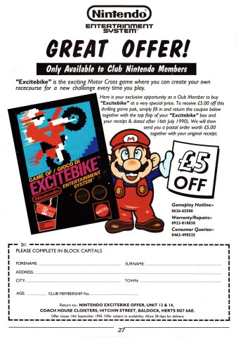 Club Nintendo Excitebike rebate (1990) (UK)