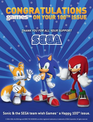 GamesTM 100th issue congratulations - Sega (September 2010) (UK)